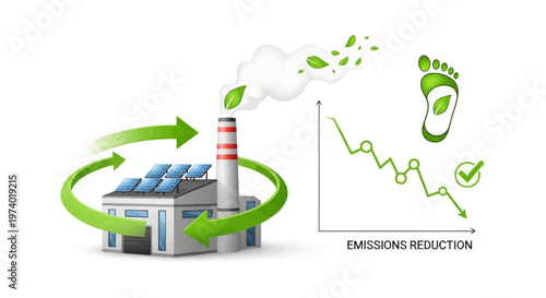 Vector illustration depicting a factory with solar panels and a circular arrow, symbolizing sustainability and carbon reduction, alongside a chart showing emissions reduction