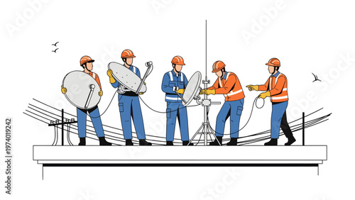 Installation Crew at Work: A team of skilled technicians diligently works atop a structure, installing satellite dishes. Collaboration and precision define their mission to connect the world.