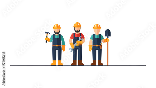 Construction Crew: A team of construction workers, each armed with essential tools and wearing protective gear, stand ready for a day of building and progress, representing dedication to their craft.