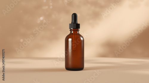 Minimalist amber glass dropper bottle mockup with a black cap on a stone surface under soft artistic sunlight streaks.