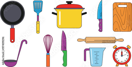 Kitchen Utensils Vector Set with Pan Pot Knife Whisk Cutting Board Isolated on White Background