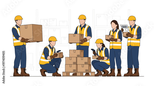 Warehouse Team: A team of diligent workers meticulously handling packages within a bustling warehouse environment, showcasing the essence of efficient logistics. 