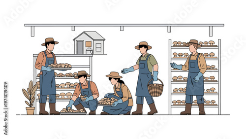 Harvesting Abundance: A team of dedicated agricultural workers diligently harvest a bountiful crop of mushrooms, ensuring each one meets the highest standards.