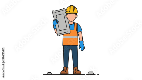 Construction Worker at Work: A construction worker in a hard hat and safety vest, holding a concrete block, ready for action on a construction site.