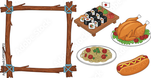 Wooden twig frame with sushi set, roasted turkey, pasta plate and hot dog food cartoon vector illustration