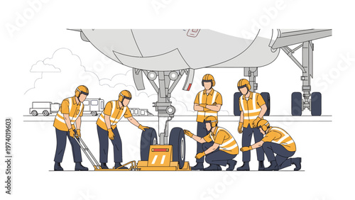 Aircraft Maintenance Crew at Work: A group of skilled aviation engineers meticulously work on the undercarriage of a commercial aircraft.