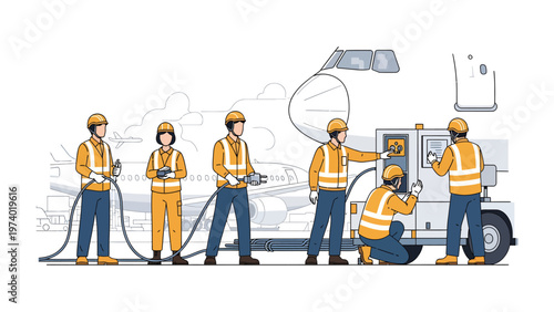 Aircraft Refueling Team: An illustration of a diligent team refueling an aircraft on the tarmac. Showcasing the precision and coordination required for essential aviation operations.