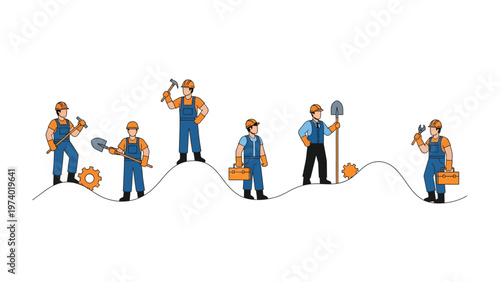 Engineering Team on a Mission: A group of skilled engineers and construction workers stand ready, each equipped with tools, on a stylized terrain.