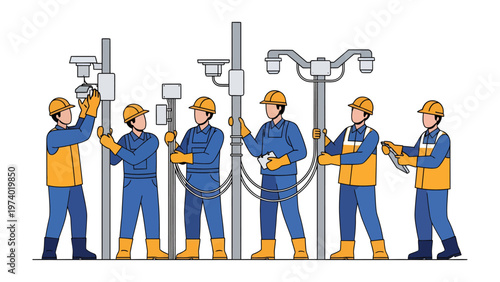 Power Line Maintenance Crew: A team of skilled technicians meticulously working to install and maintain power lines, a symbol of infrastructure support.