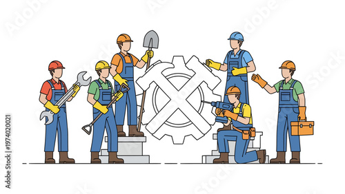 Team of Engineers: An organized crew of skilled engineers, each equipped with essential tools, meticulously collaborates to construct a complicated gear, symbolizing innovation and efficiency.