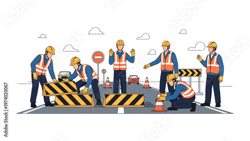Construction Crew Road Work: An illustration depicts a team of construction workers diligently engaged in roadwork activities.