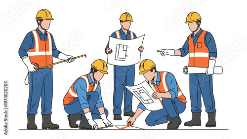 Construction Crew Collaboration: A skilled construction crew is engrossed in a detailed assessment of blueprints, meticulously examining the project's plans with focused determination.