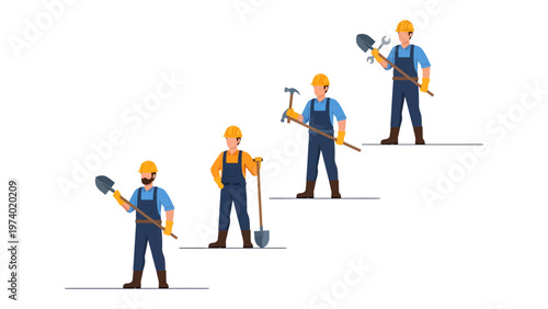 Construction Crew on Duty: A team of construction workers is diligently standing on a stair-like platform, each holding a different tool, symbolizing their expertise and collective effort.