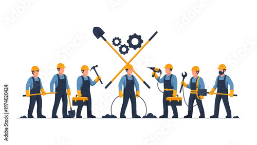 Builders United: A dedicated team of builders, each holding their essential tools, stands united, symbolizing teamwork and the core elements of construction.