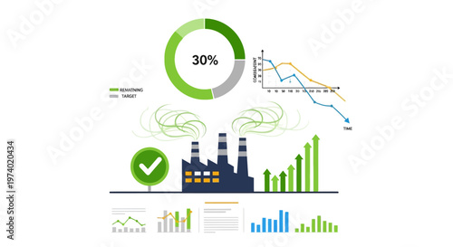 An illustration shows a factory with green smoke, alongside charts depicting carbon reduction and sustainability efforts, presented in a clean, vector design against a white background