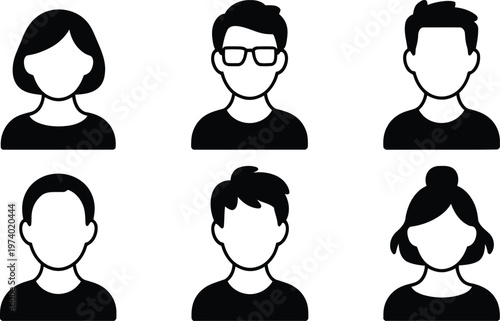 Six distinct stylized silhouettes of people with varied hairstyles and accessories