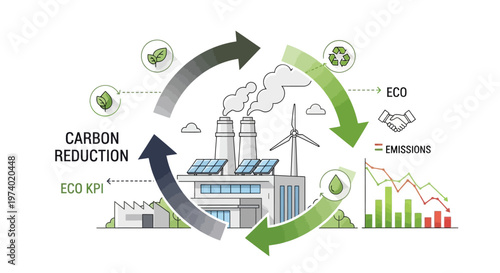 A vector illustration depicts an industrial factory undergoing carbon reduction and striving for net zero, showcased with a circular chart design showing sustainability efforts