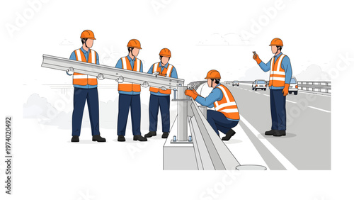 Highway Construction Crew: A dedicated construction team collaborates to install safety barriers along a bustling highway, ensuring a secure and efficient transport infrastructure.