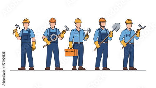 The Construction Crew: A collection of construction workers stands ready for a project, each armed with essential tools and wearing protective gear, signifying their commitment to build and create. 