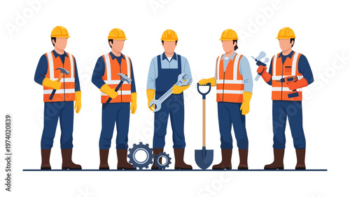 Team of Construction Workers: A group of skilled construction workers, equipped with their essential tools and protective gear, stands united.