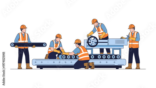 Production Line Synergy: A group of skilled workers collaborates seamlessly around an industrial conveyor belt, symbolizing teamwork and efficiency in the manufacturing process.
