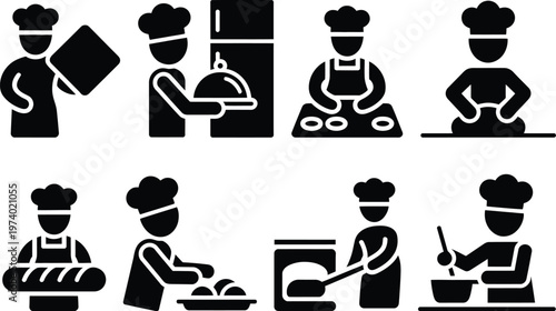 Chefs performing various culinary tasks and roles in a kitchen setting