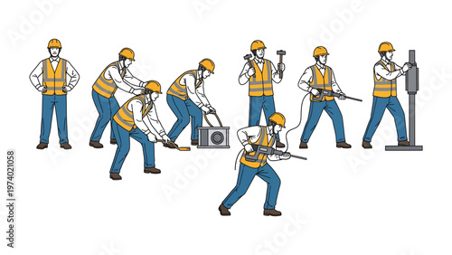 Construction Workers at Work: A group of construction workers in safety gear engaging in various tasks, from manual labor to operating machinery, embodying the essence of hard work and building.