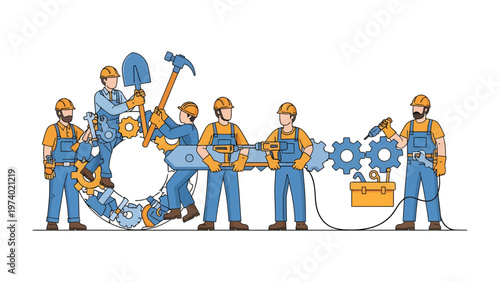 Construction Crew at Work: Illustrative depiction of a team of builders and construction workers collaboratively assembling machinery, symbolizing teamwork, progress, and building process.