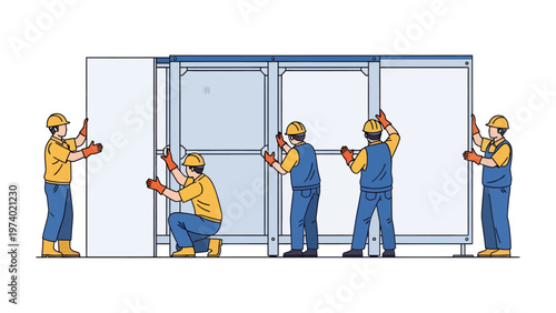 Building Assembly Crew: A focused team of construction workers is working together, meticulously assembling a large structure with a focus on precision and coordination. This scene showcases teamwork.