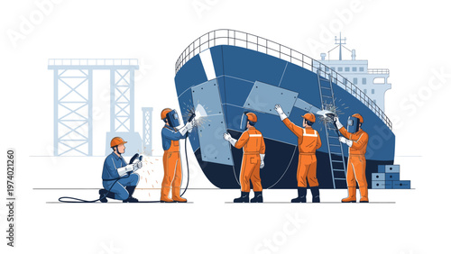 Shipyard Workers Repairing Ship: A team of skilled shipyard workers meticulously repair a large ship. the team embodies the values of dedication, hard work, and technical precision.