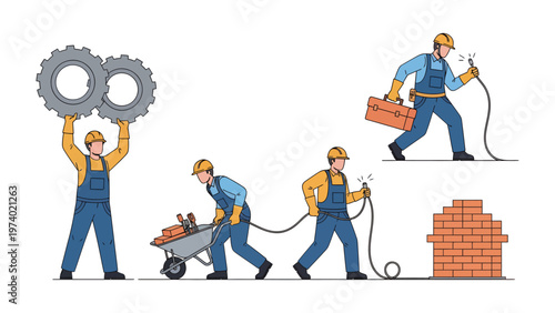 Construction Crew at Work: Illustrative depiction of construction workers engaged in various tasks, highlighting teamwork, precision, and the building process.