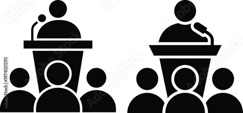 Two speakers addressing separate audiences at podiums with microphones