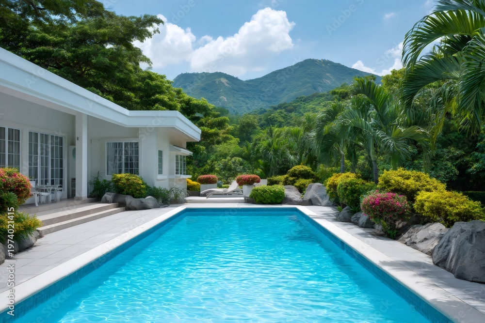 Fototapeta premium Luxury villa outdoor swimming pool with tropical garden mountains
