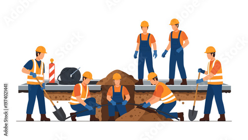 Construction Crew in Action: A dynamic illustration depicts a team of construction workers engaged in active excavation and groundwork. They're collaborating, showcasing their dedication and skills.