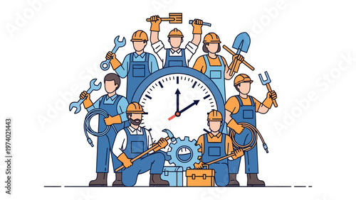 Time and Labor: A group of skilled workers stand united, emphasizing the importance of time, labor, and craftsmanship. Time is of the essence in this scene