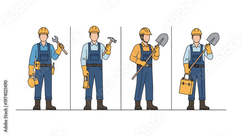 Construction Crew's Daily Work: A group of construction workers, each wielding their essential tools, stand ready for a day of building and progress.