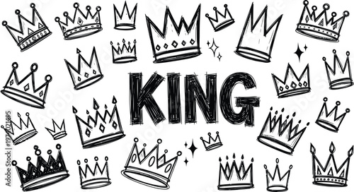 A black and white doodle collection featuring numerous crowns surrounding the boldly written word 'king'