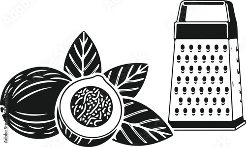 Nutmeg fruit and leaves with grater, black silhouette, food ingredient preparation, spice illustration