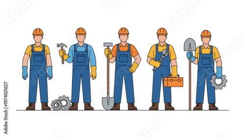 Construction Crew: A team of construction workers stand confidently, each holding a different tool, symbolizing the diverse skills and expertise required in the construction trade.