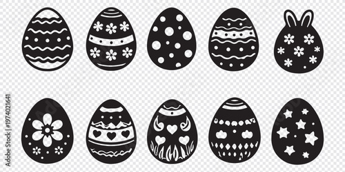 Easter eggs decorated in various colors and patterns isolated on transparent background