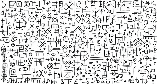 Intricate black and white abstract pattern resembling ancient symbols and complex mathematical equations