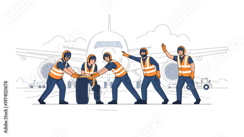 Aviation Ground Crew Coordination: An illustration captures the orchestrated teamwork of an aviation ground crew as they prepare a plane for takeoff, emphasizing precision, collaboration.