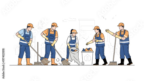 Community Clean-up Crew: A dedicated team of individuals diligently clears litter, showcasing their commitment to environmental preservation and community betterment. 