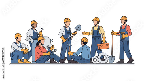 Industrial Teamwork in Action: A team of dedicated workers, equipped with their tools, collaborates on a construction or maintenance task, showcasing expertise and unity.