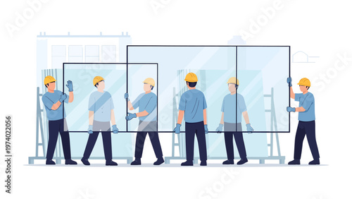 Precision in Construction: A team of construction workers collaborate to carefully install large glass panels, a testament to teamwork and precision in building.