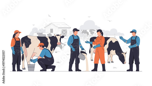 Dairy Farm: Dairy farmers tending cows in a pastoral setting. Focus on sustainable agriculture and the bond between humans and livestock.
