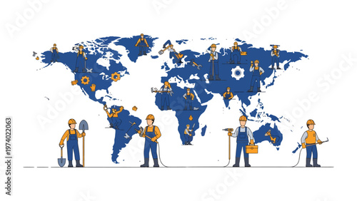 Global Network: A detailed illustration showcases a collaborative network across the globe, as workers are engaging in various tasks across the world.
