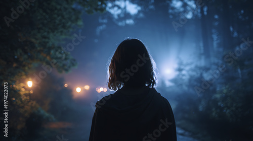 A lone figure stands silhouetted against a mysterious, foggy night scene with blurred lights in the background. The atmosphere is eerie and uncertain