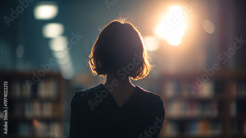 A woman's silhouette stands in a dimly lit library, facing a bright light that illuminates her hair