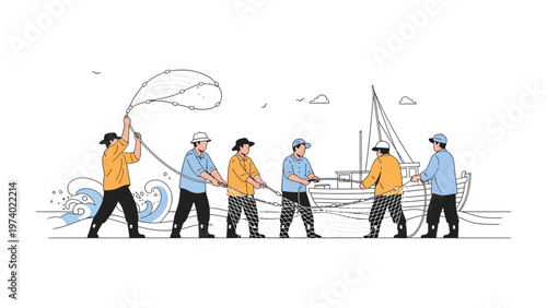 Teamwork in Seascape: A group of individuals works together, pulling a rope to maneuver a vessel in the vast ocean, the illustration underscores the power of teamwork and collaboration.